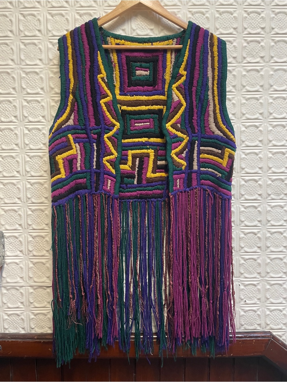 Vintage 70s Multicolor Crochet Fringe Vest - Purple & Green